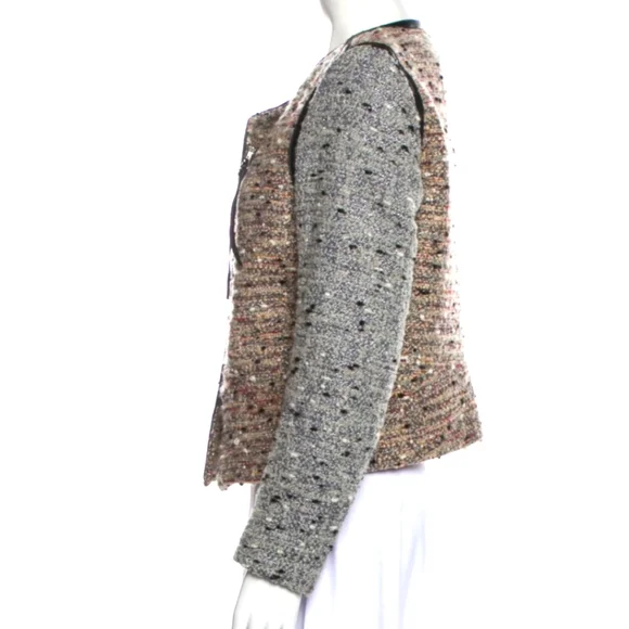 Sandro Tweed Boucle Leather Trim Collarless Moto Jacket - Picture 2 of 13